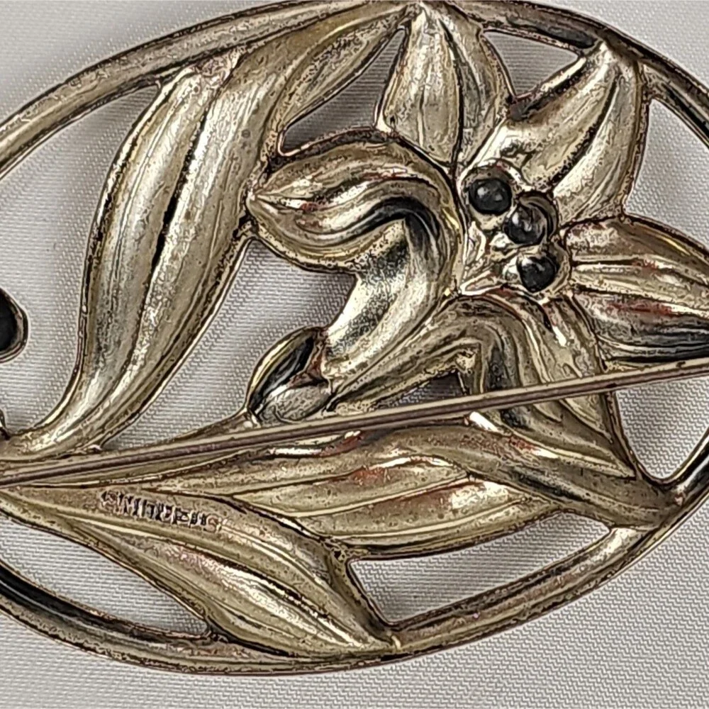 Vintage Sterling Silver Botanical Floral Brooch Openwork Flower Pin
